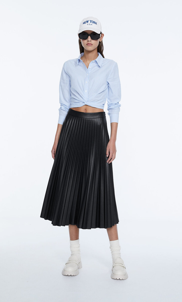 Pleated faux leather midi skirt