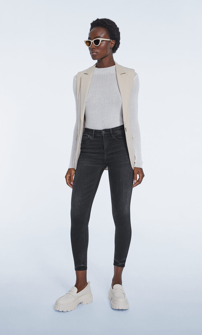 

Stradivarius Jeansy Skinny Fit Z Wysokim Stanem Czarny Ciemny Denimowy 40
