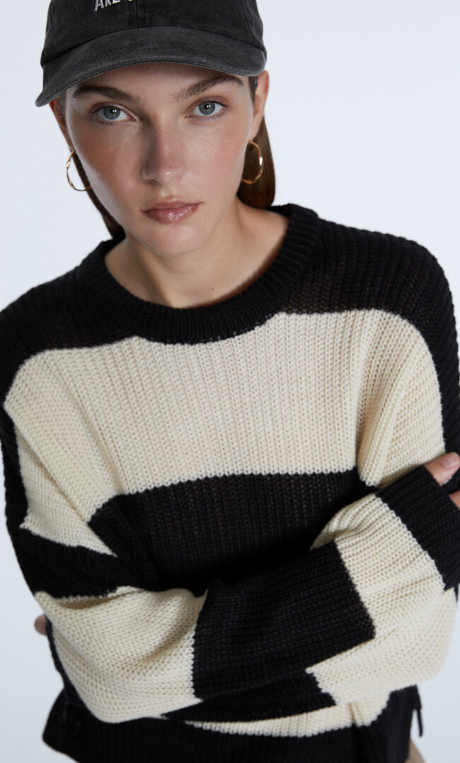

Stradivarius Basic-Pullover Mit Streifen Schwarz Xl