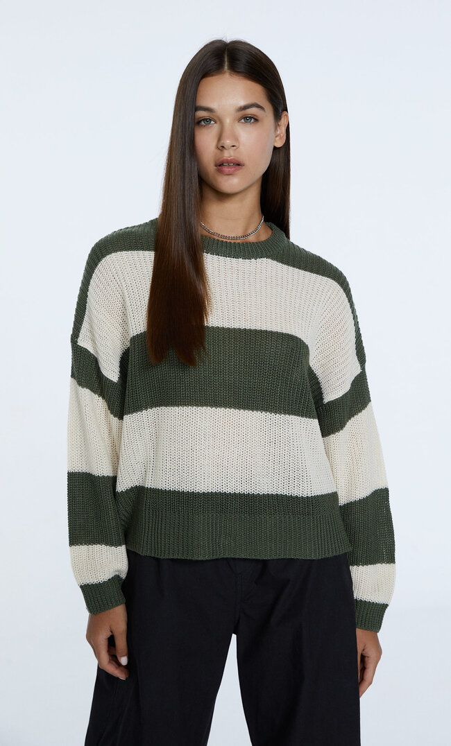 

Stradivarius Basic-Pullover Mit Streifen Grün S
