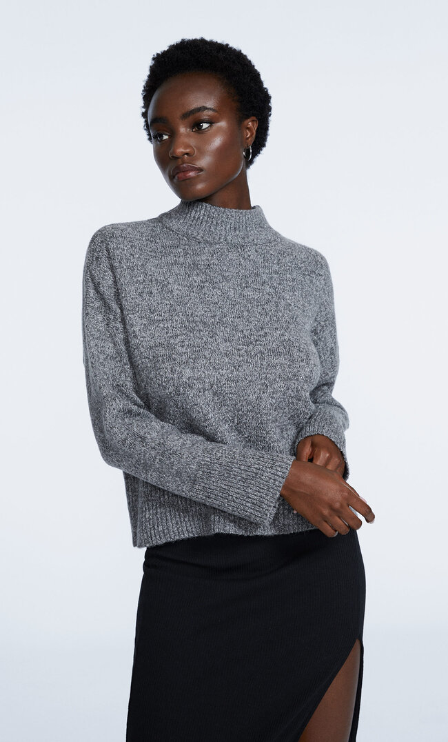 Stradivarius Dzianinowy Sweter Z Półgolfem Ciemnoszary Xs