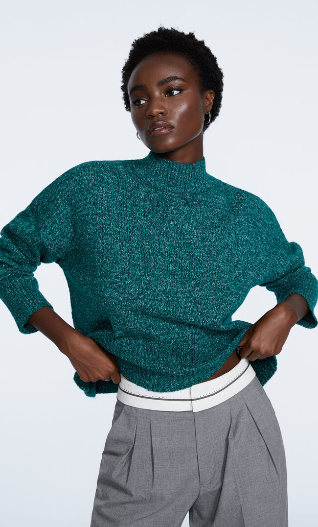 

Stradivarius Dzianinowy Sweter Z Półgolfem Butelkowo-Zielony Xl