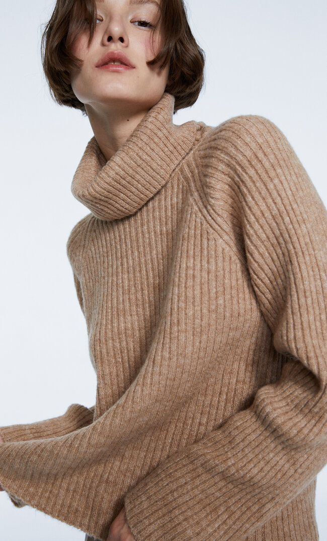 Stradivarius Strickpullover Mit Rollkragen Und Patentmuster Beige Melange Xs