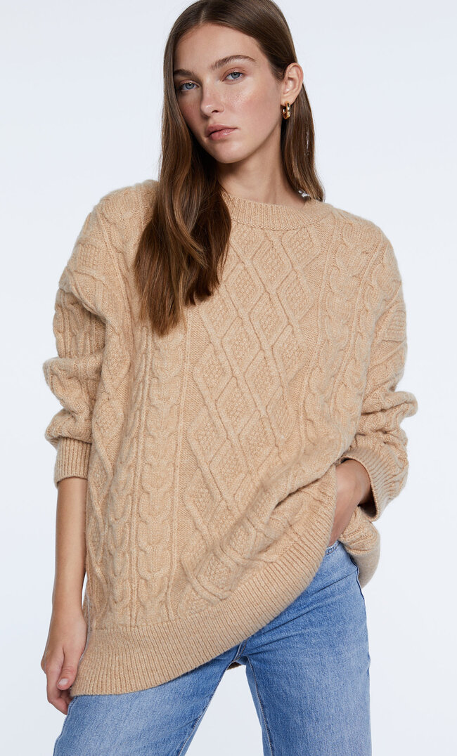 

Stradivarius Oversized-Pullover Mit Zopfmuster Beige Melange Xl