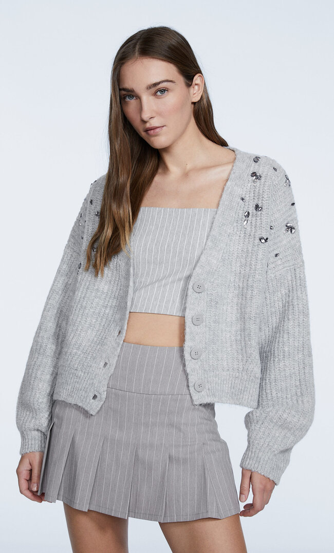 

Stradivarius Strickcardigan Mit Steinapplikationen Grau Melange S