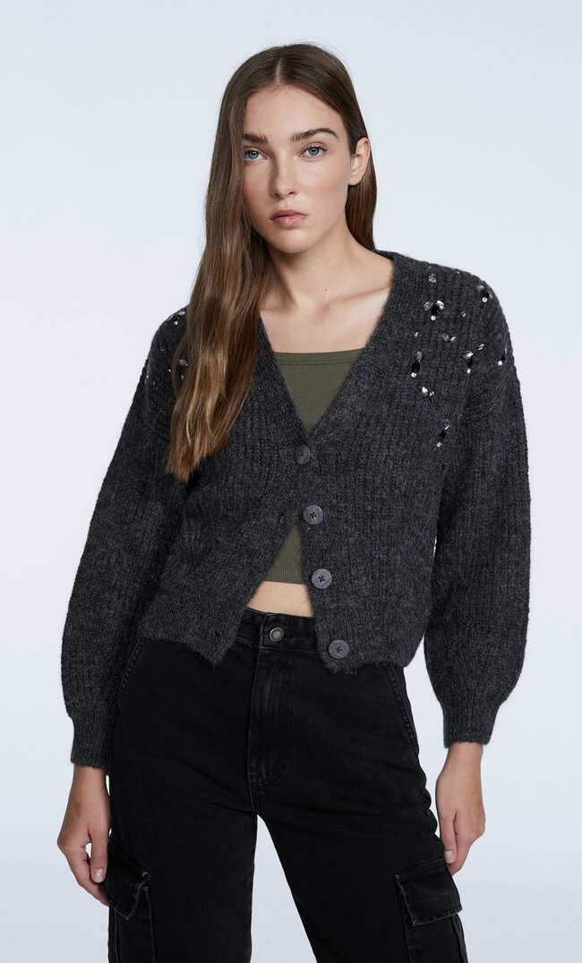 

Stradivarius Strickcardigan Mit Steinapplikationen Graumeliert Xxs
