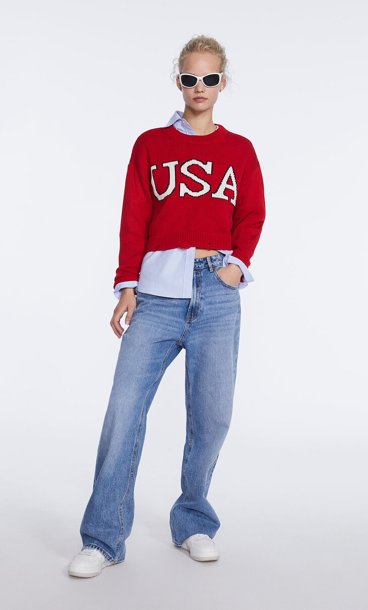 Knit sweater with ripped letters