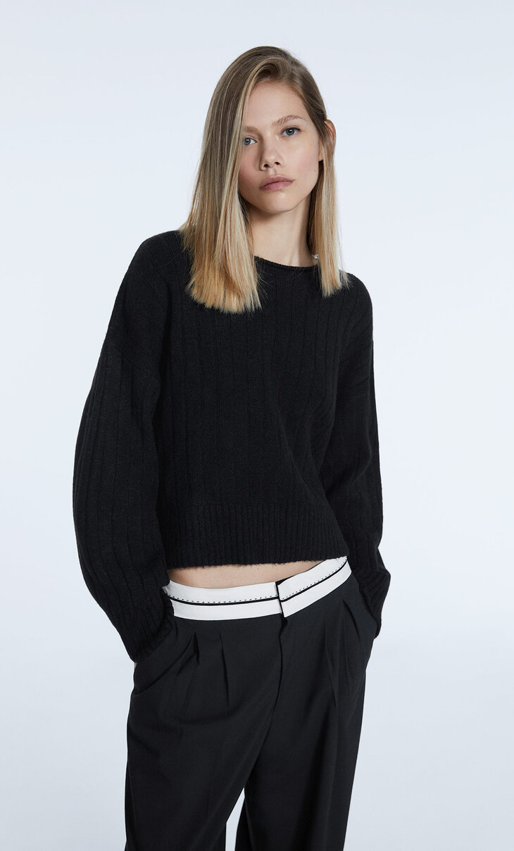 Cropped ribbed knit sweater