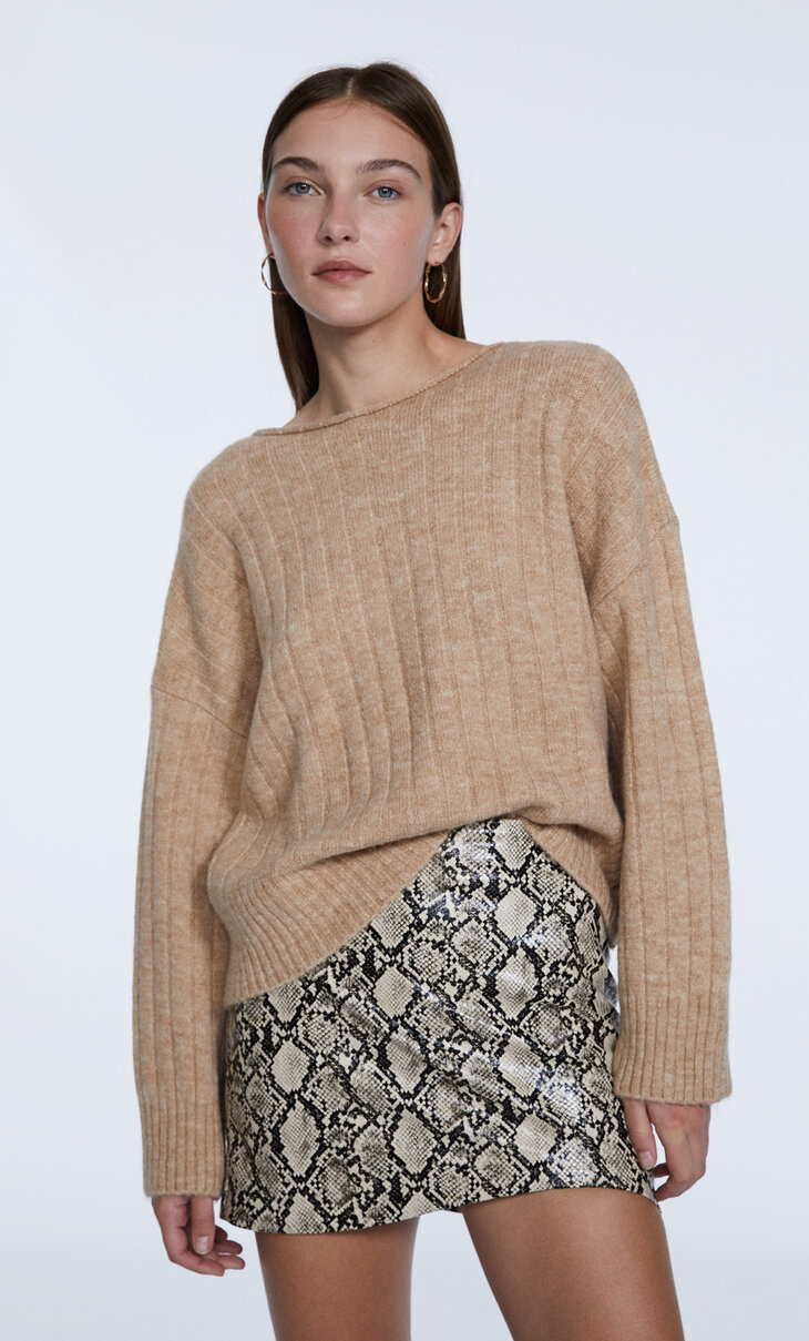 Cropped ribbed knit sweater