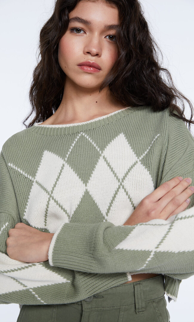 

Stradivarius Krótki Sweter W Romby Khaki M
