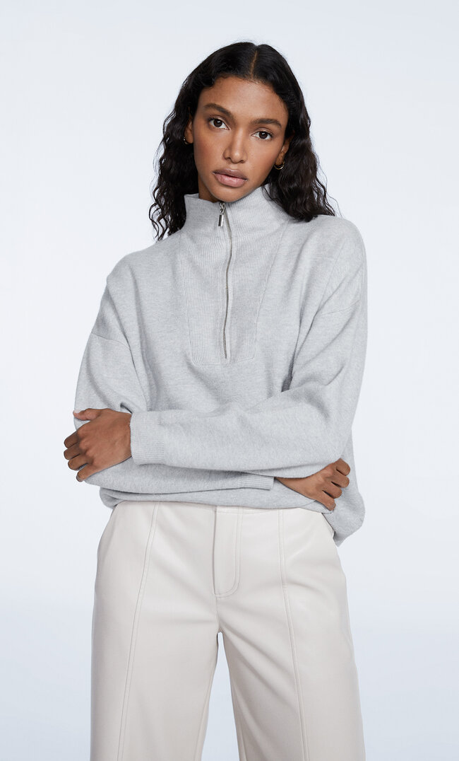 

Stradivarius Sweter Z Dzianiny Z Suwakiem Popielaty Xl