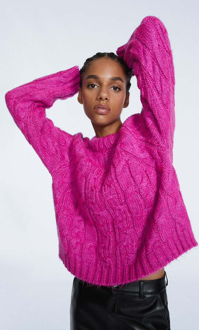Stradivarius Grober Strickpullover Mit Zopfmuster Fuchsia S