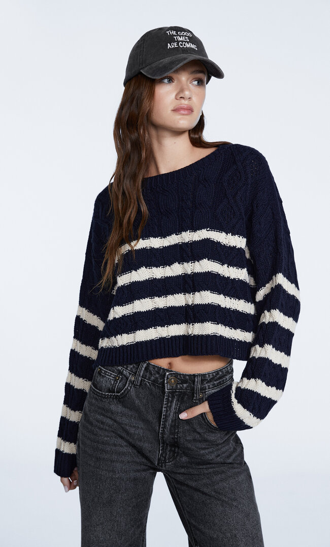 

Stradivarius Cropped-Pullover Mit Zopfmuster Marineblau Xs