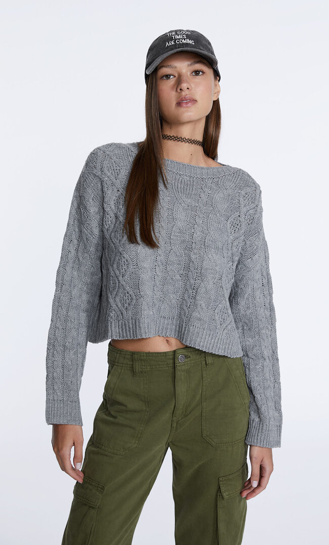 

Stradivarius Cropped-Pullover Mit Zopfmuster Graumeliert L