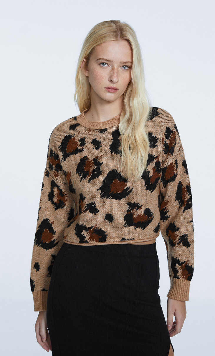 Pleten pulover z leopardjim vzorcem