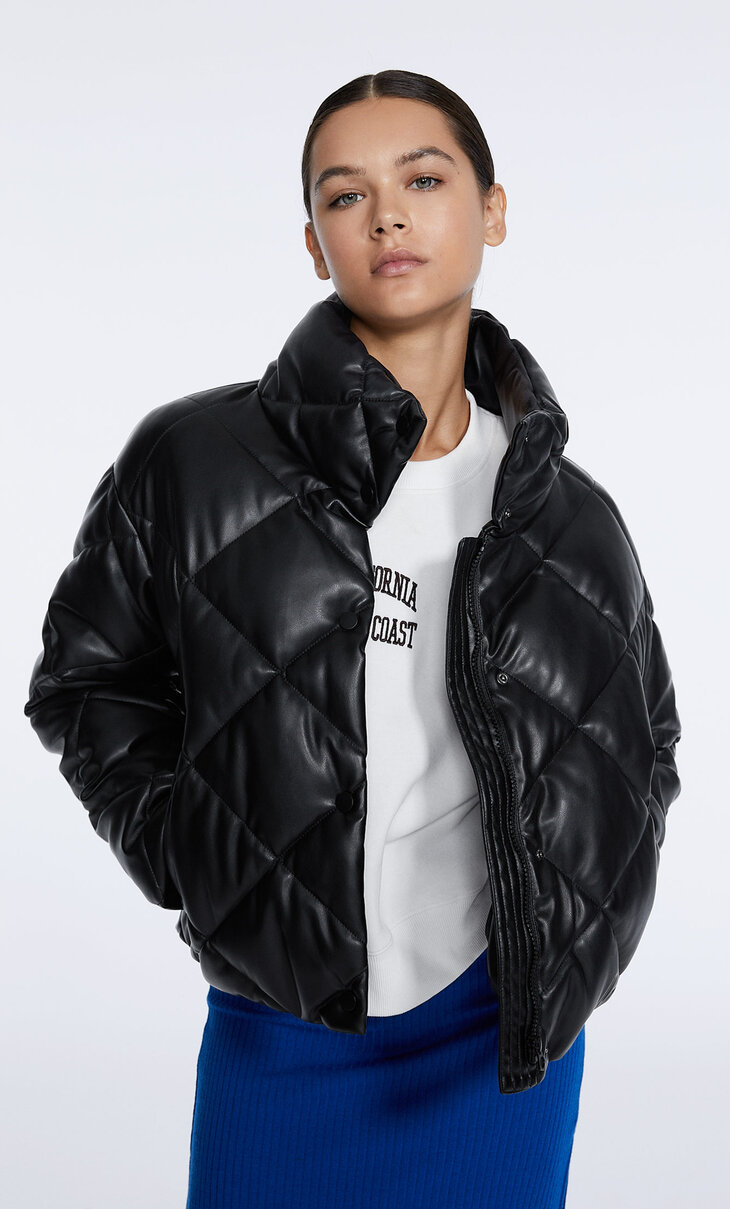 Cropped faux leather quilted jacket