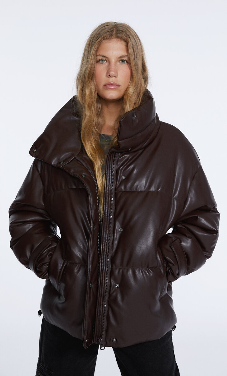 Mid-length faux leather puffer jacket