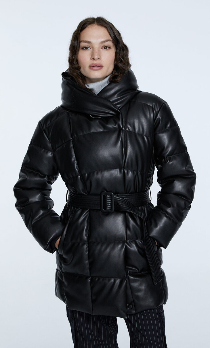 Faux leather puffer jacket with belt