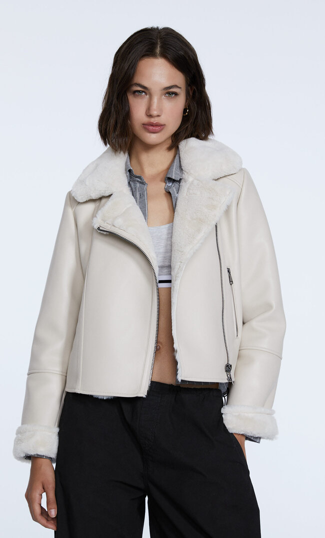

Stradivarius Doubleface-Bikerjacke Aus Kunstleder Ecru M