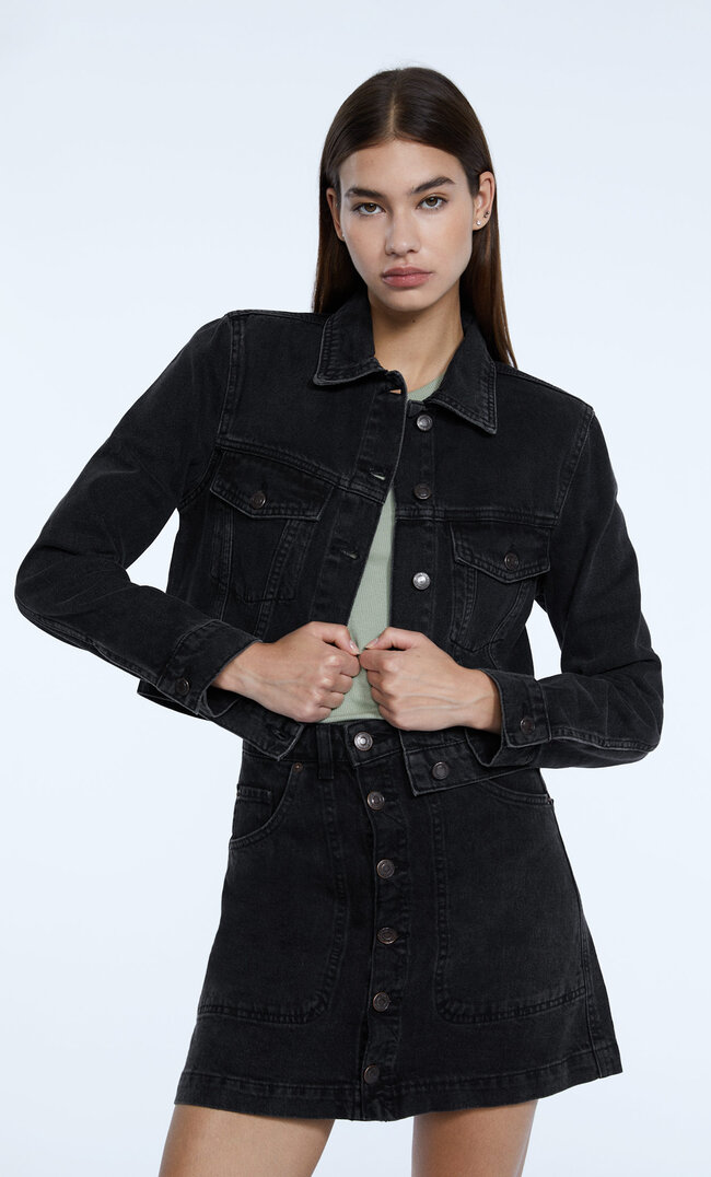 

Stradivarius Blouson En Jean Courte Avec Épaulettes Denim Noir Délavé Xl