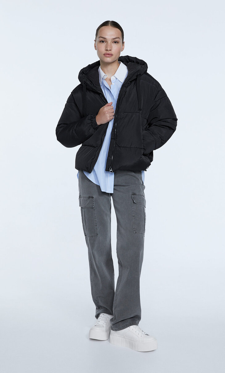 Water-resistant puffer jacket with hood