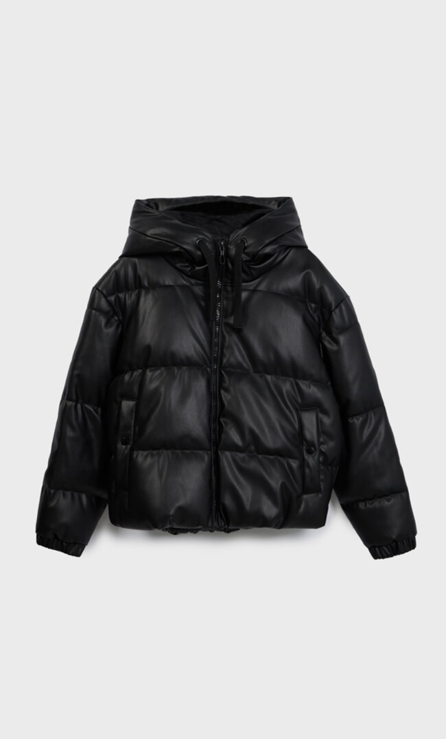 Hooded faux leather puffer jacket 
