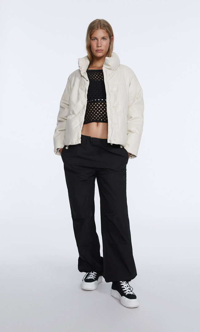 Stradivarius Faux Leather Puffer Jacket Ecru L