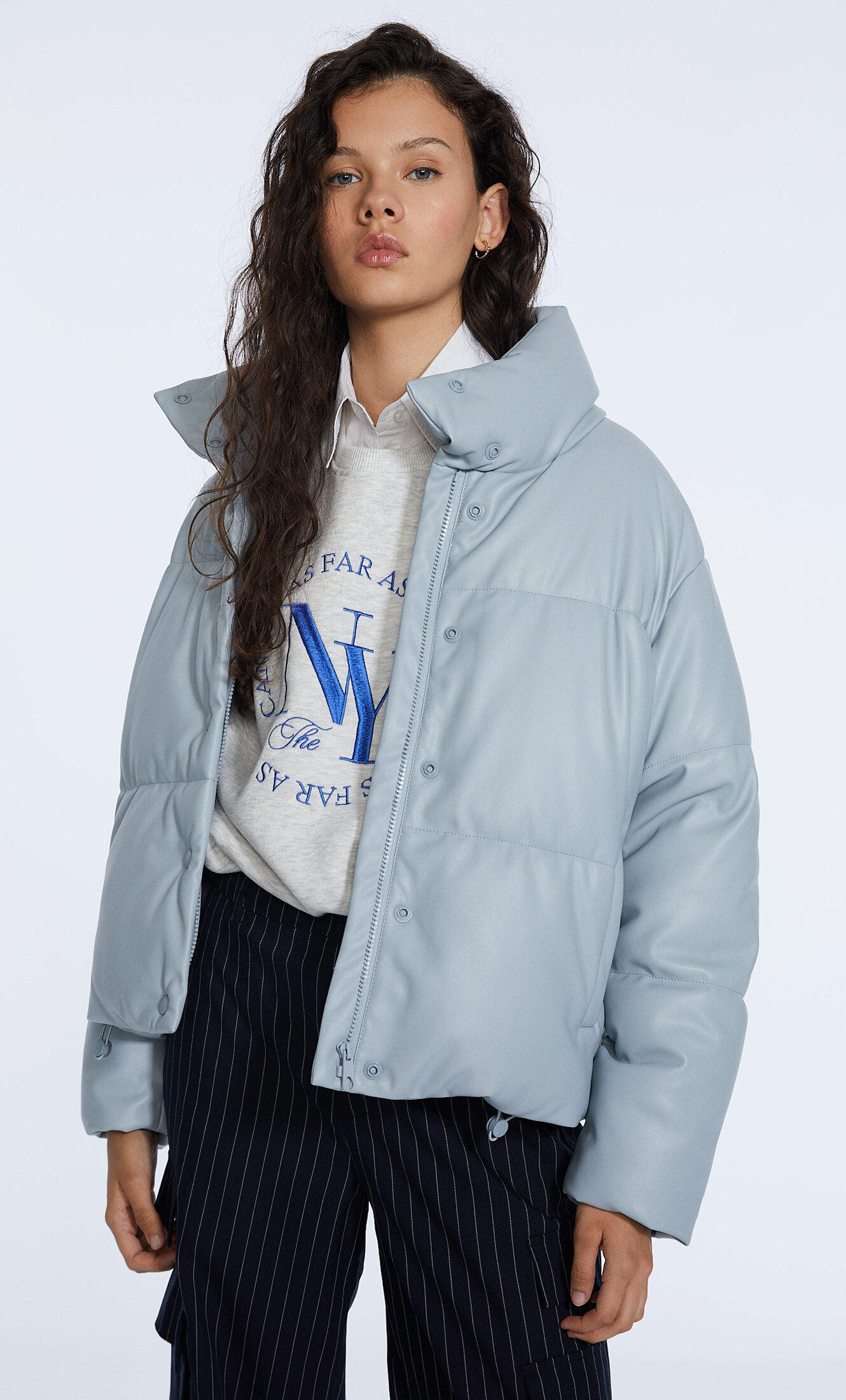 blue leather puffer jacket