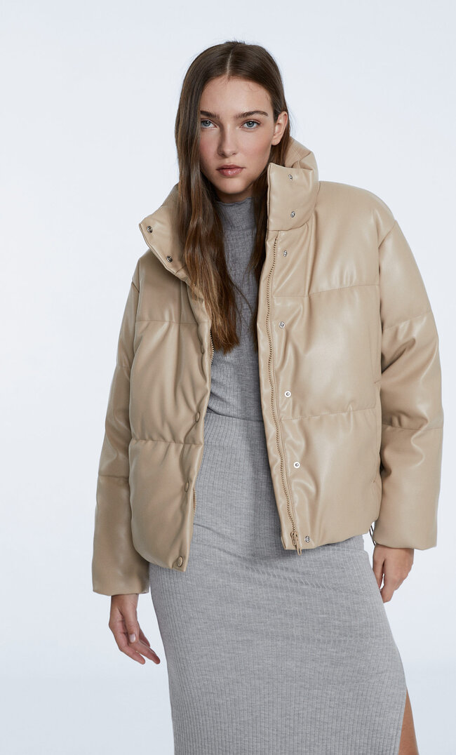 Stradivarius Puffjacke Aus Kunstleder Steingrau S