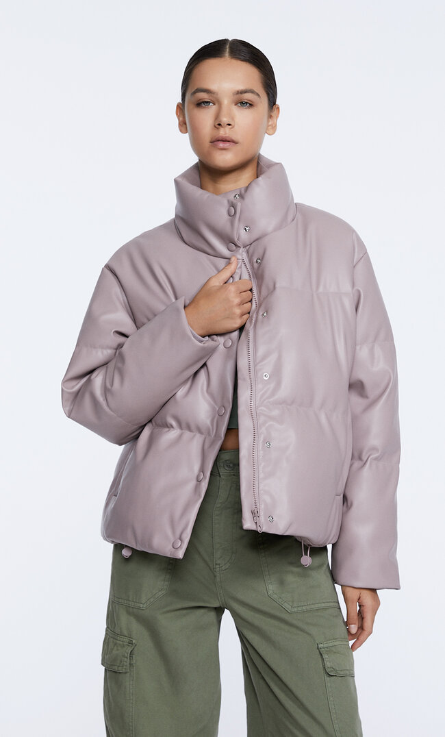 

Stradivarius Puffjacke Aus Kunstleder Lila Xs