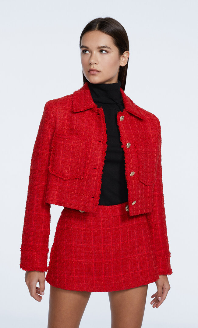 

Stradivarius Cropped-Jacke Mit Goldfarbenen Knöpfen Rot L