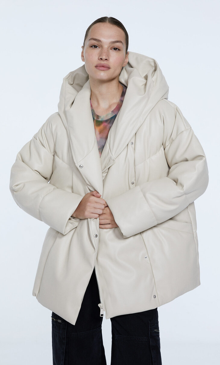 Oversize faux leather puffer jacket with hood