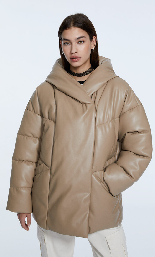 

Stradivarius Doudoune Oversize Similicuir À Capuche Beige Xs