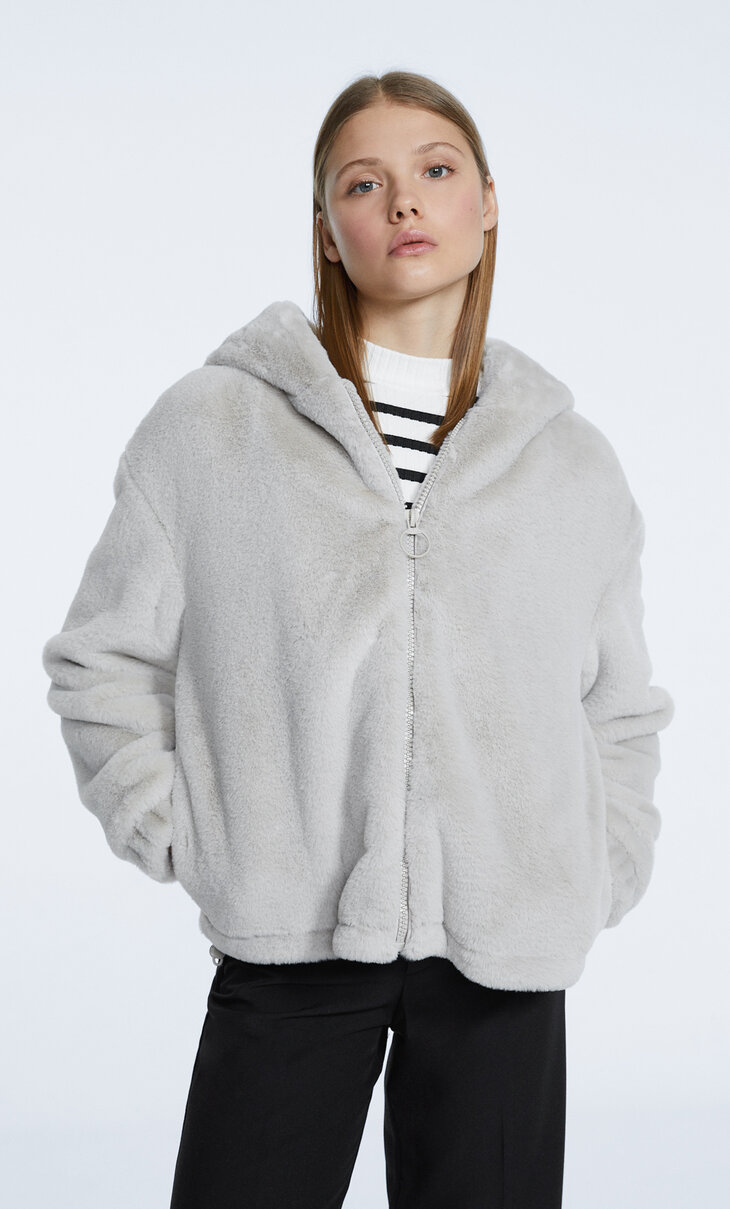 Faux fur jacket with hood
