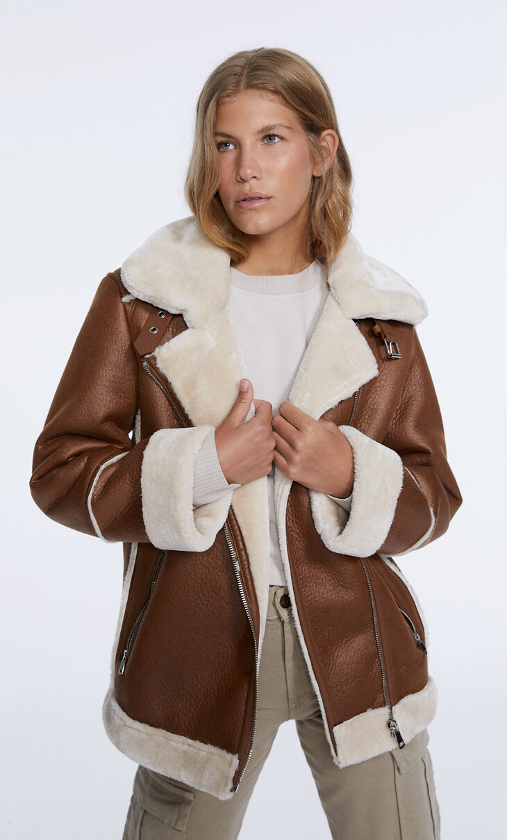 Double-faced biker jacket with contrast faux fur