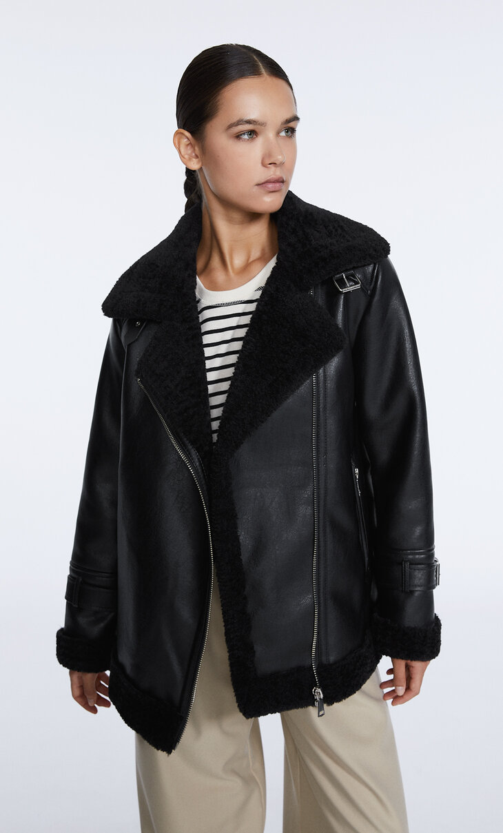 Faux leather double-faced biker jacket