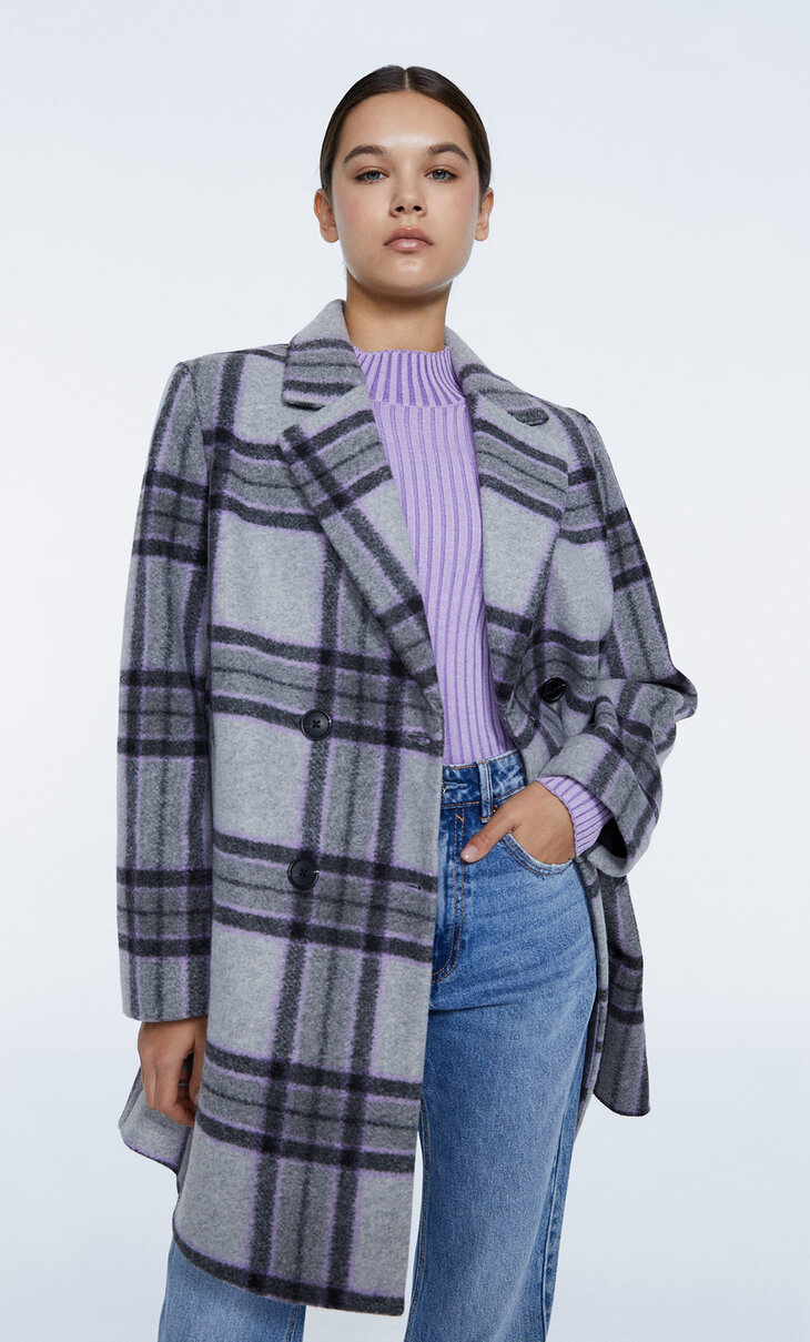 Short soft-touch check coat