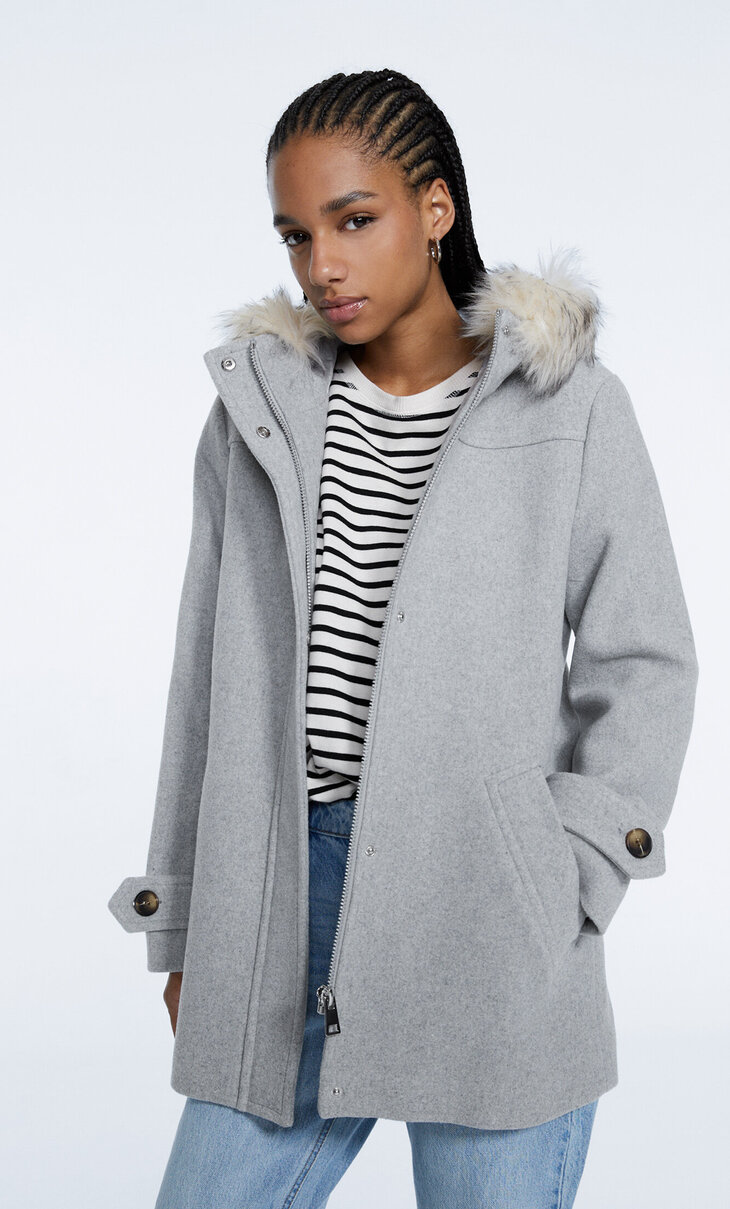 Short synthetic wool coat with faux fur hood