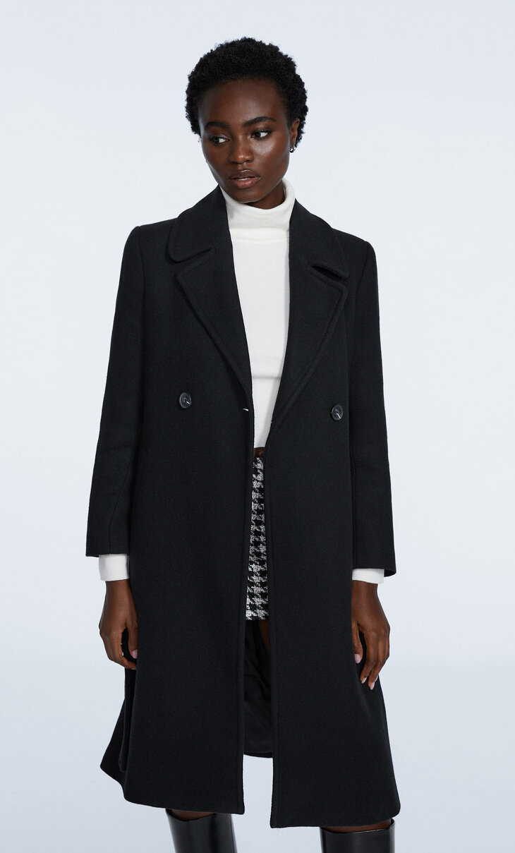 Synthetic wool coat with belt