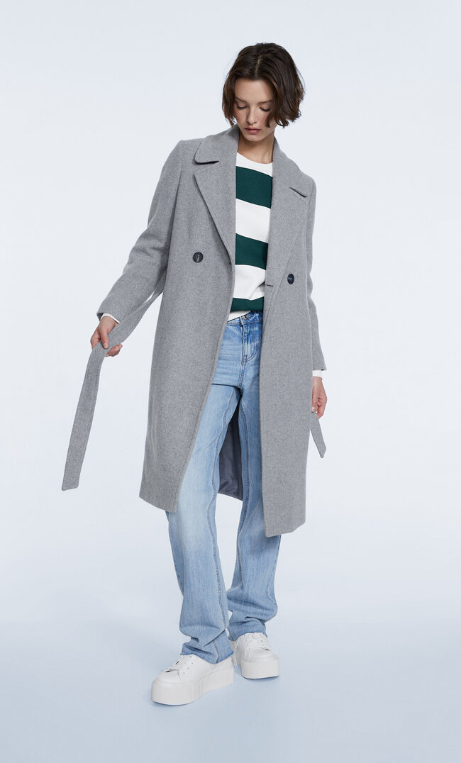 

Stradivarius Stoffmantel Mit Gürtel Grau Melange Xs