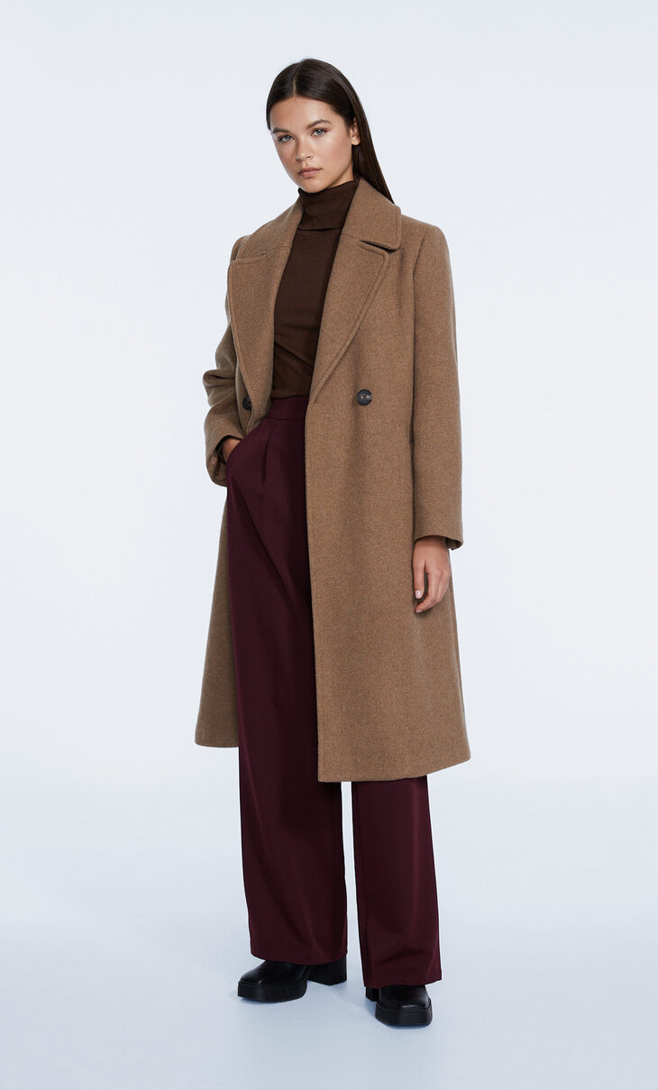 Synthetic wool coat with belt