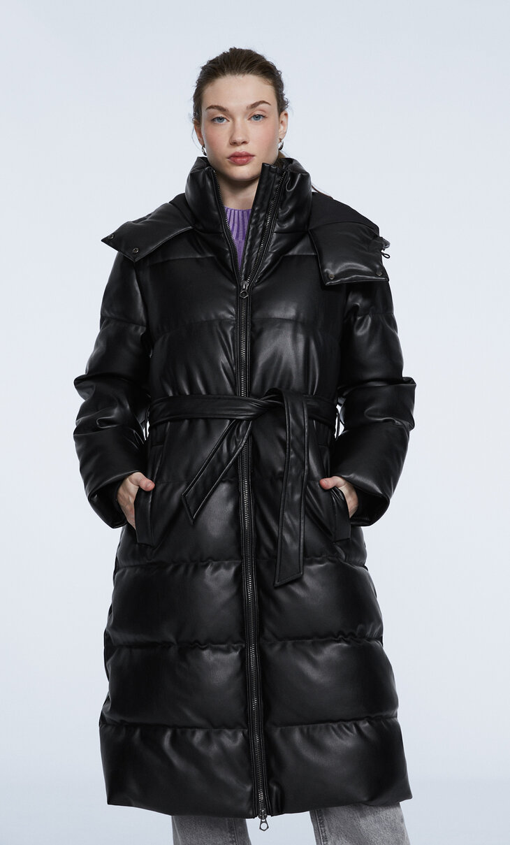 Faux leather puffer coat with belt
