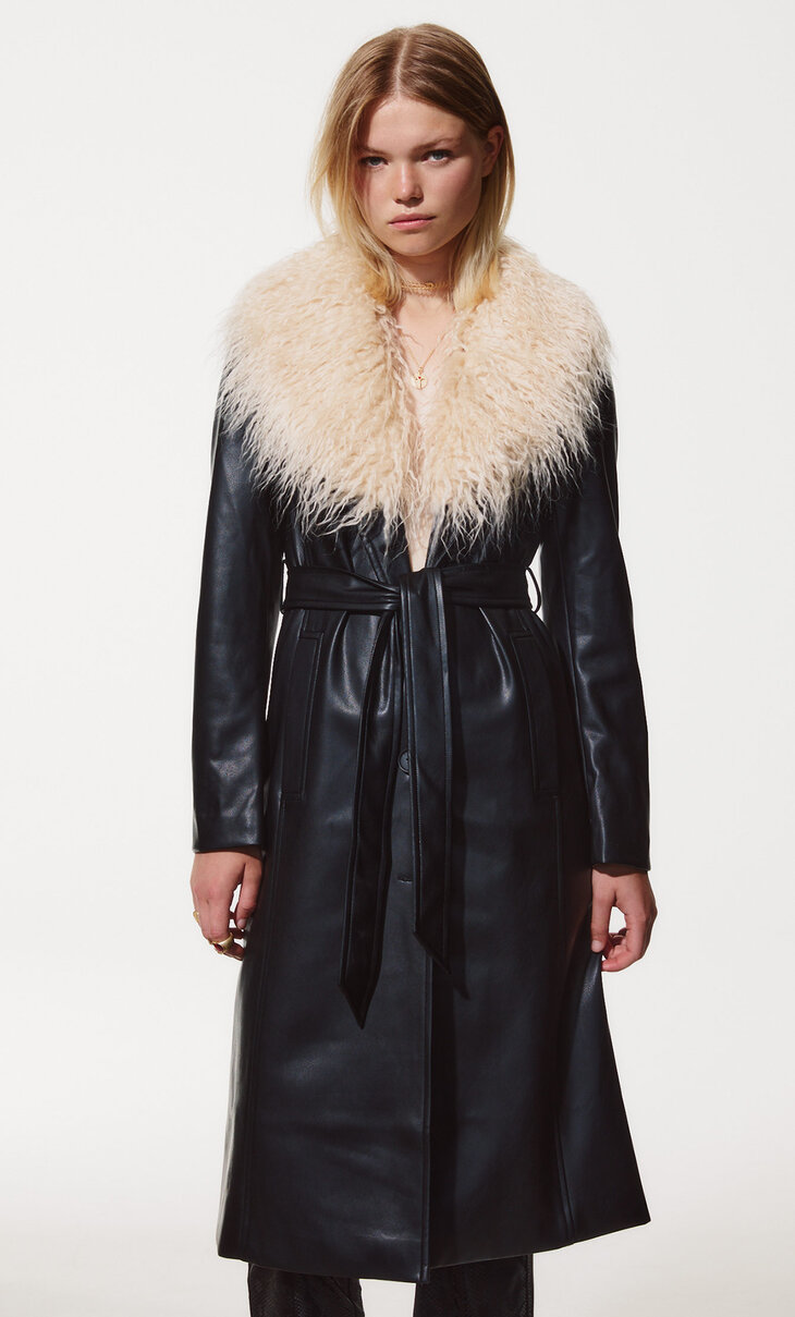 Faux leather coat with faux fur collar