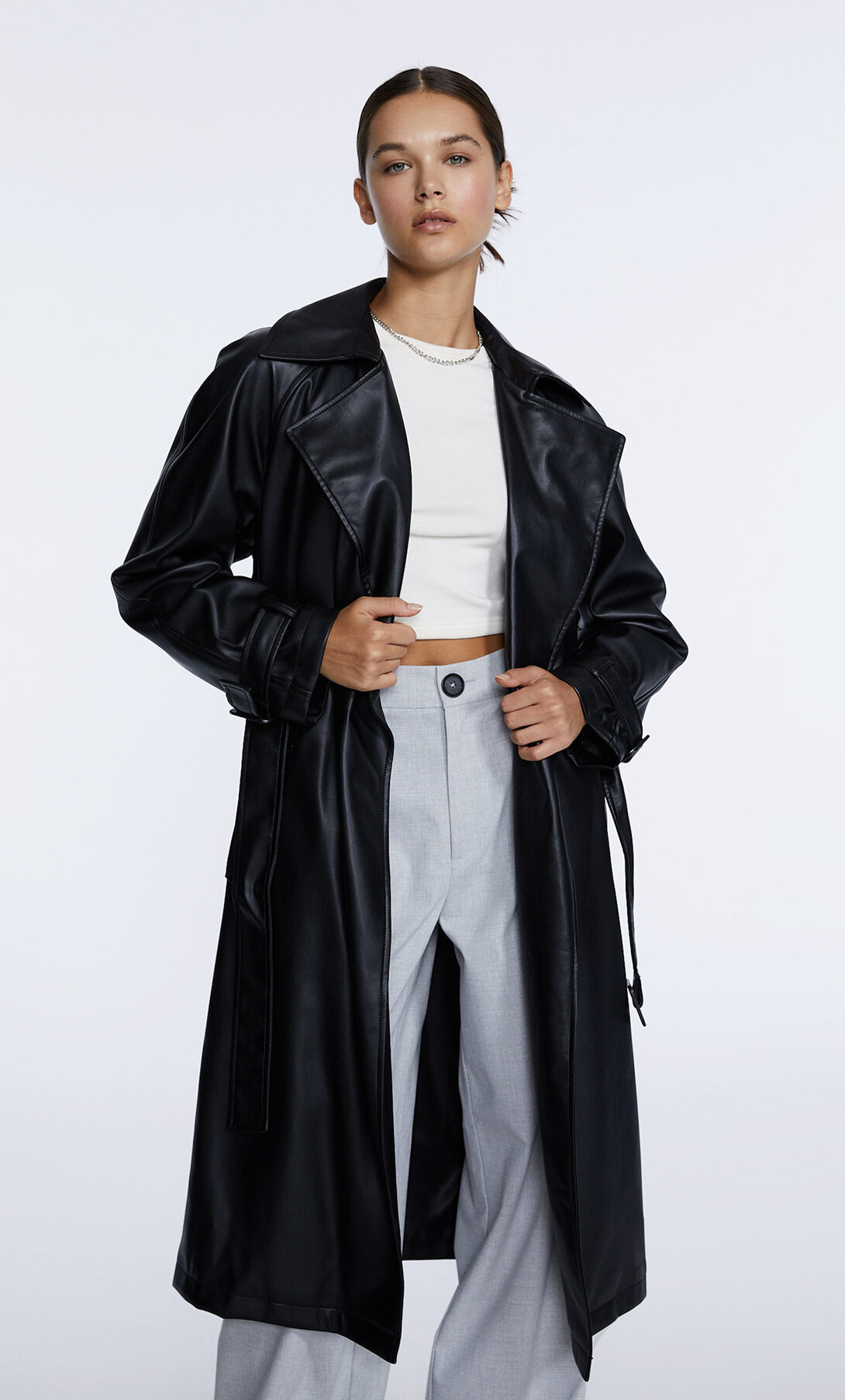 Long faux leather trench coat Women's fashion Stradivarius Portugal