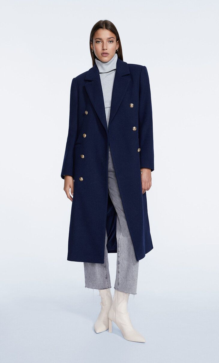 Synthetic wool long coat with metal buttons