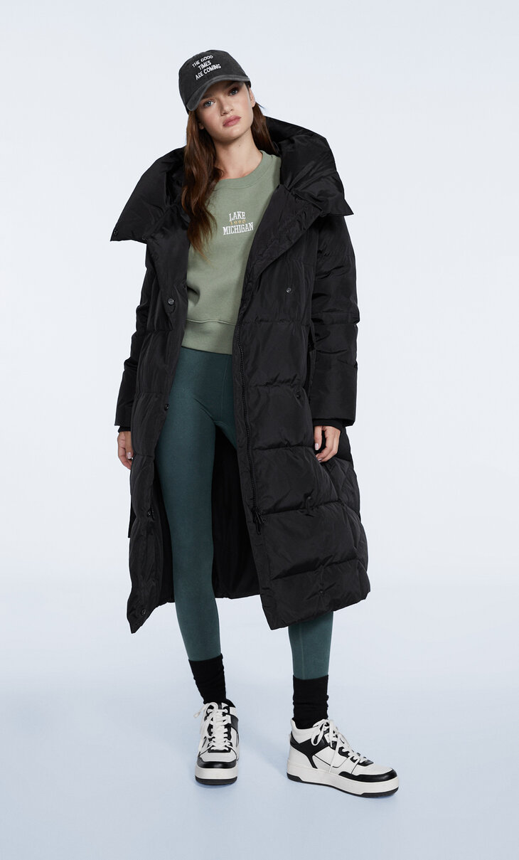 Down puffer coat with belt