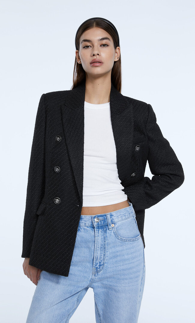 

Stradivarius Blazer Mit Strukturmuster Und Metallknöpfen Schwarz Xl
