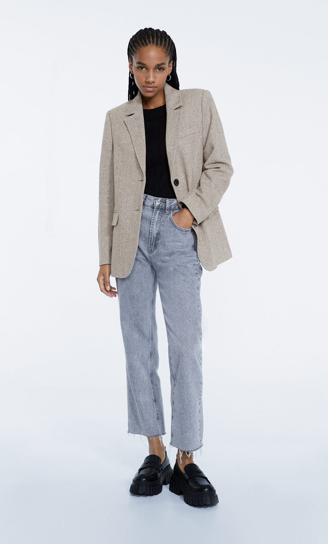 Stradivarius Stoffblazer Mit Fischgrätmuster Beige L
