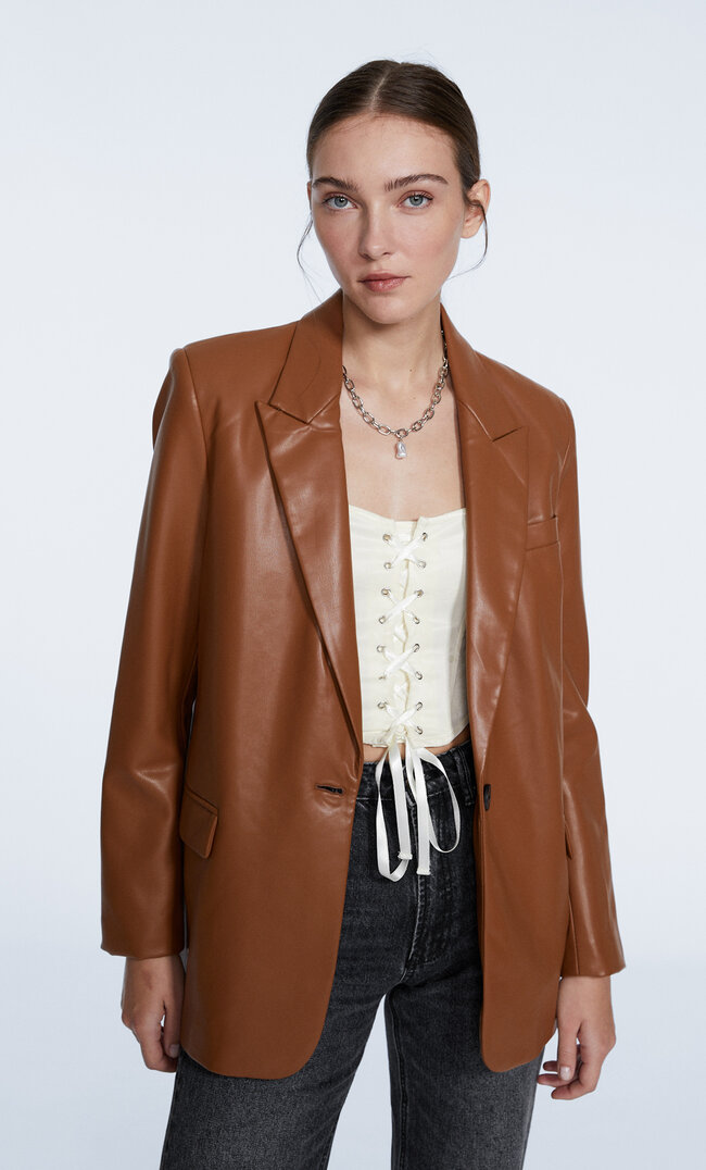Stradivarius Blazer Aus Kunstleder Braun Xs