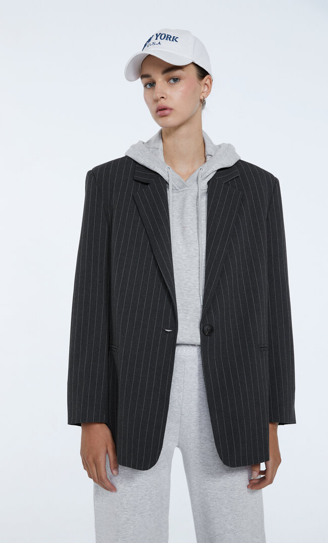 

Stradivarius Marynarka Oversize W Prążki Ciemnoszary Xs